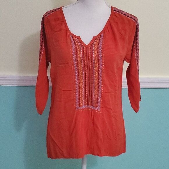 One World Red Orange Embroidered 3/4 Sleeves Boho Peasant Top - Picture 1 of 11